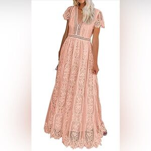 NWOT VNeck Floral Lace Wedding Dress Short Sleeve Bridesmaid Evening Party Maxi